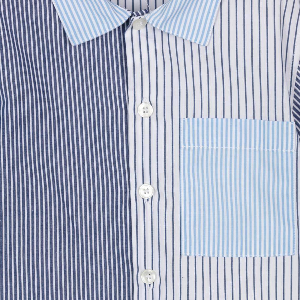 Il Gufo-Boys Blue Colourblock Striped Cotton Shirt | Childrensalon