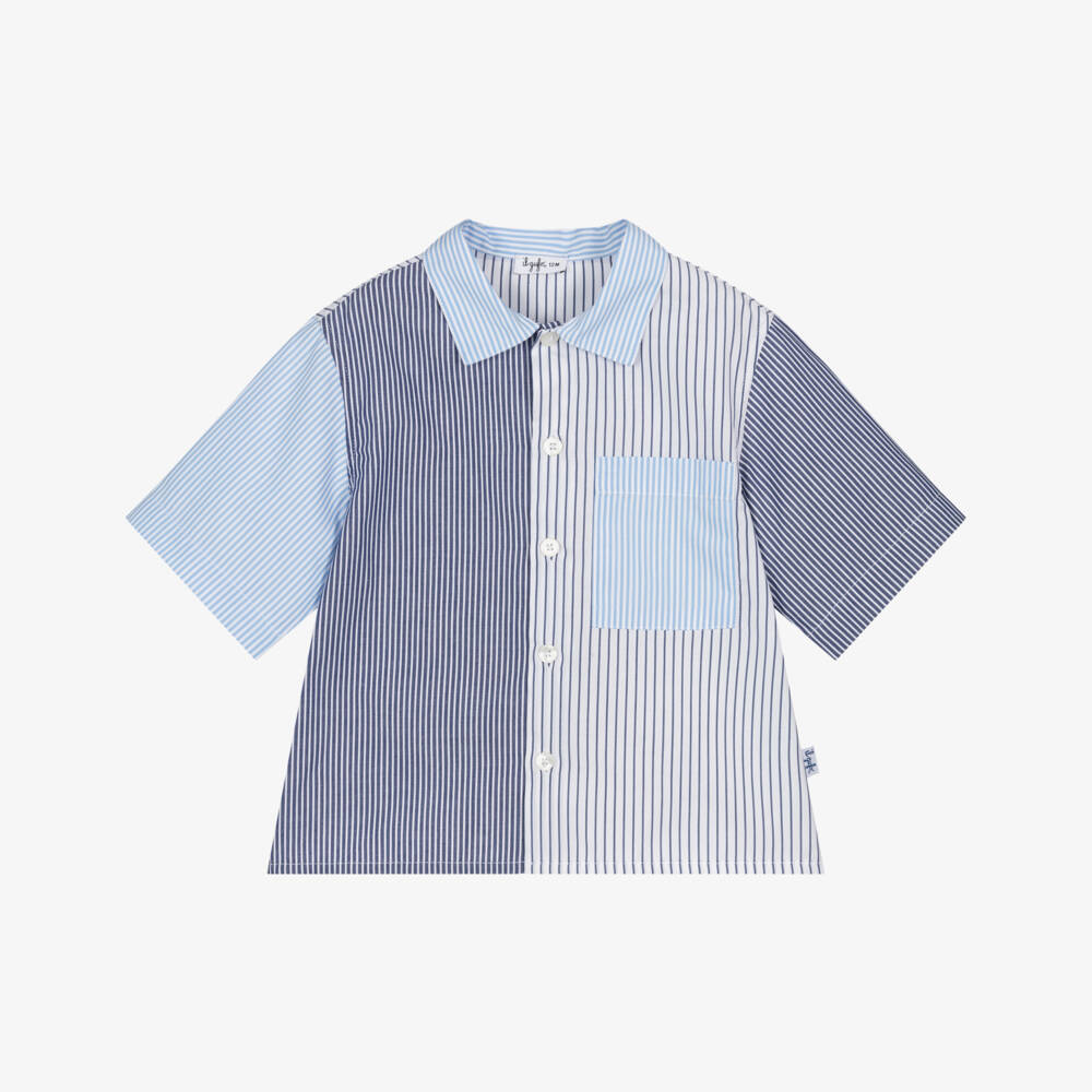 Il Gufo-Boys Blue Colourblock Striped Cotton Shirt | Childrensalon