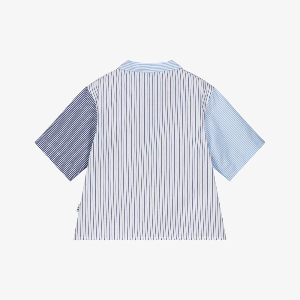 Il Gufo-Boys Blue Colourblock Striped Cotton Shirt | Childrensalon
