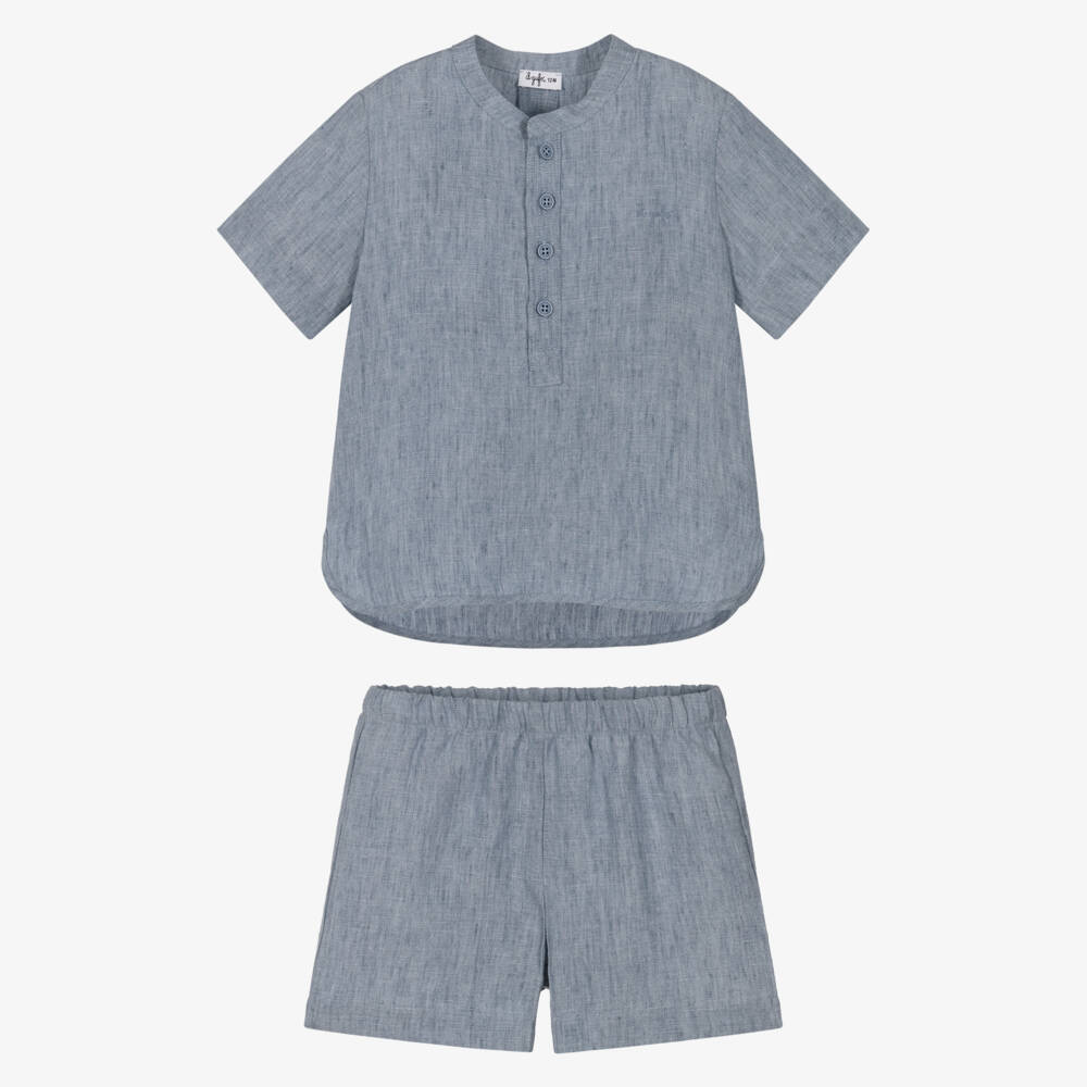 Il Gufo-Boys Blue Linen Top & Shorts Set | Childrensalon