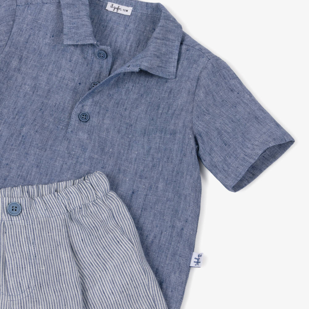 Il Gufo-Boys Blue Polo Shirt & Striped Linen Shorts Set | Childrensalon