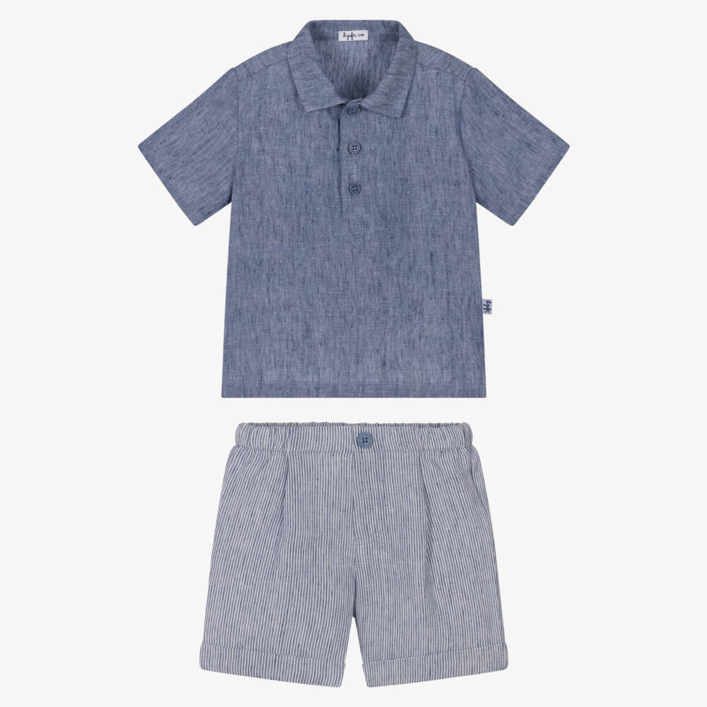 Il Gufo-Boys Blue Polo Shirt & Striped Linen Shorts Set | Childrensalon