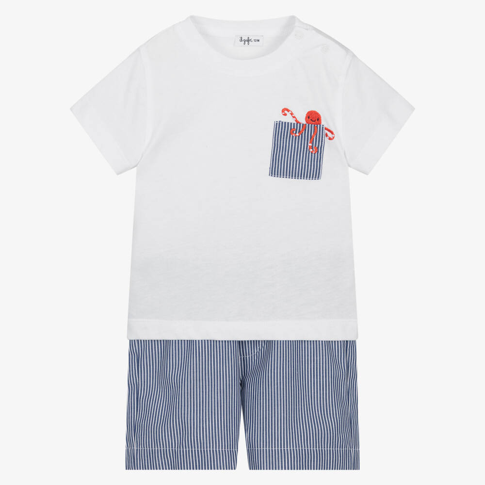 Il Gufo-Boys Blue Striped Cotton Octopus Shorts Set | Childrensalon