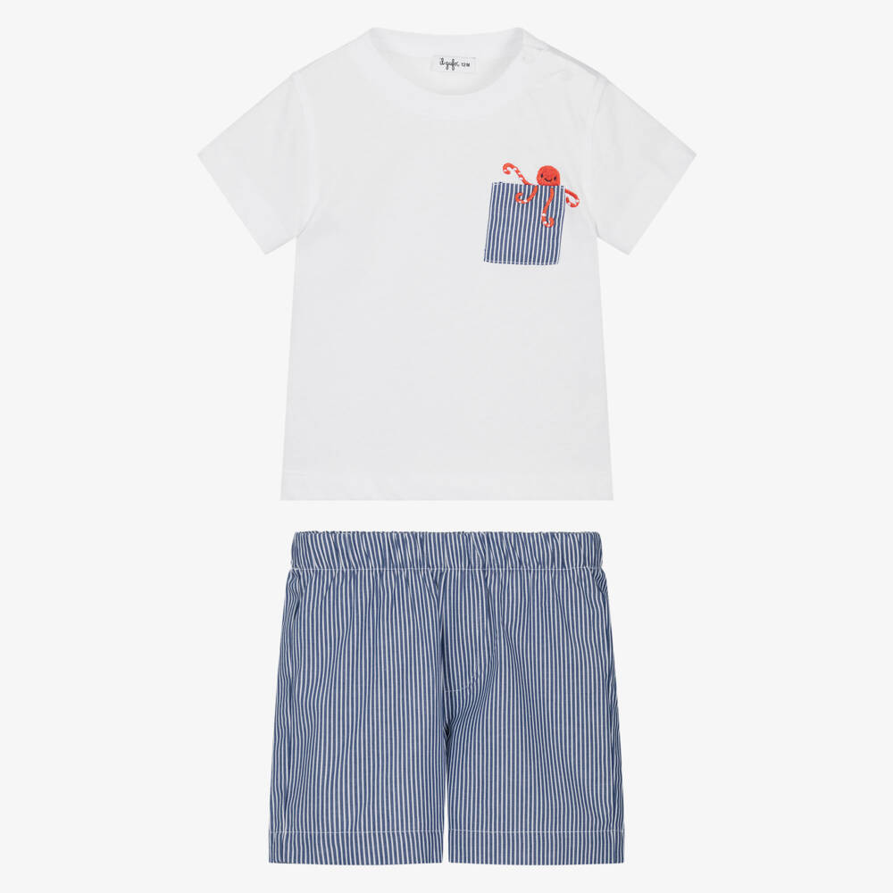 Il Gufo-Boys Blue Striped Cotton Octopus Shorts Set | Childrensalon