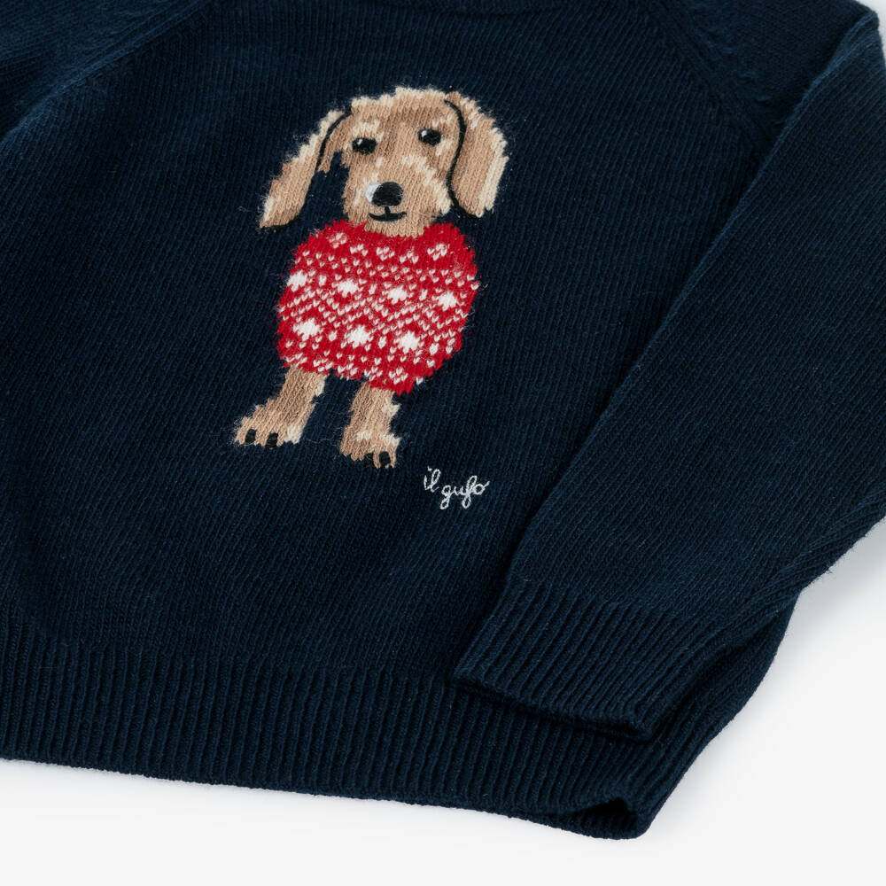 Il Gufo-Boys Blue Wool Knit Sweater with Dog Intarsia | Childrensalon