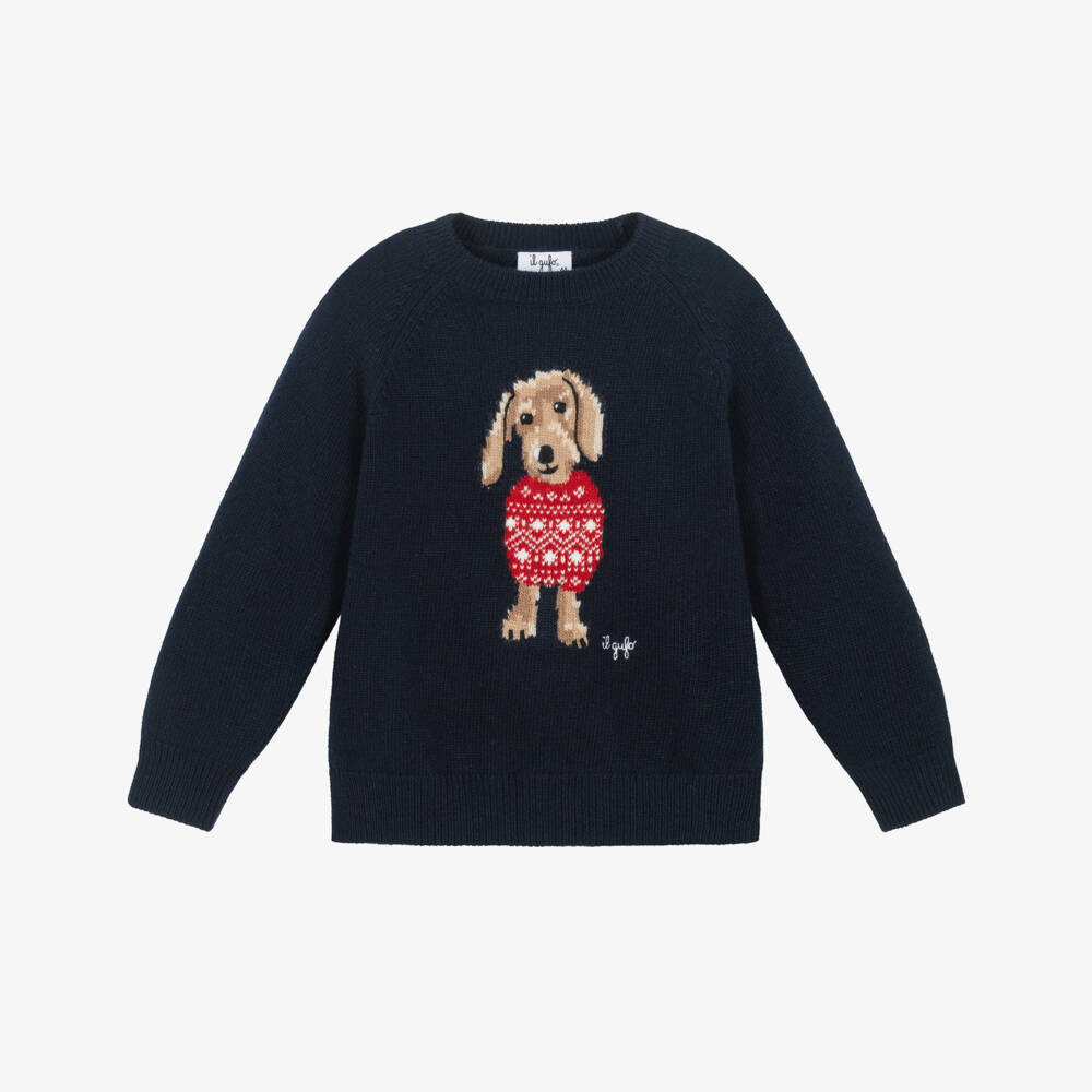Il Gufo-Boys Blue Wool Knit Sweater with Dog Intarsia | Childrensalon