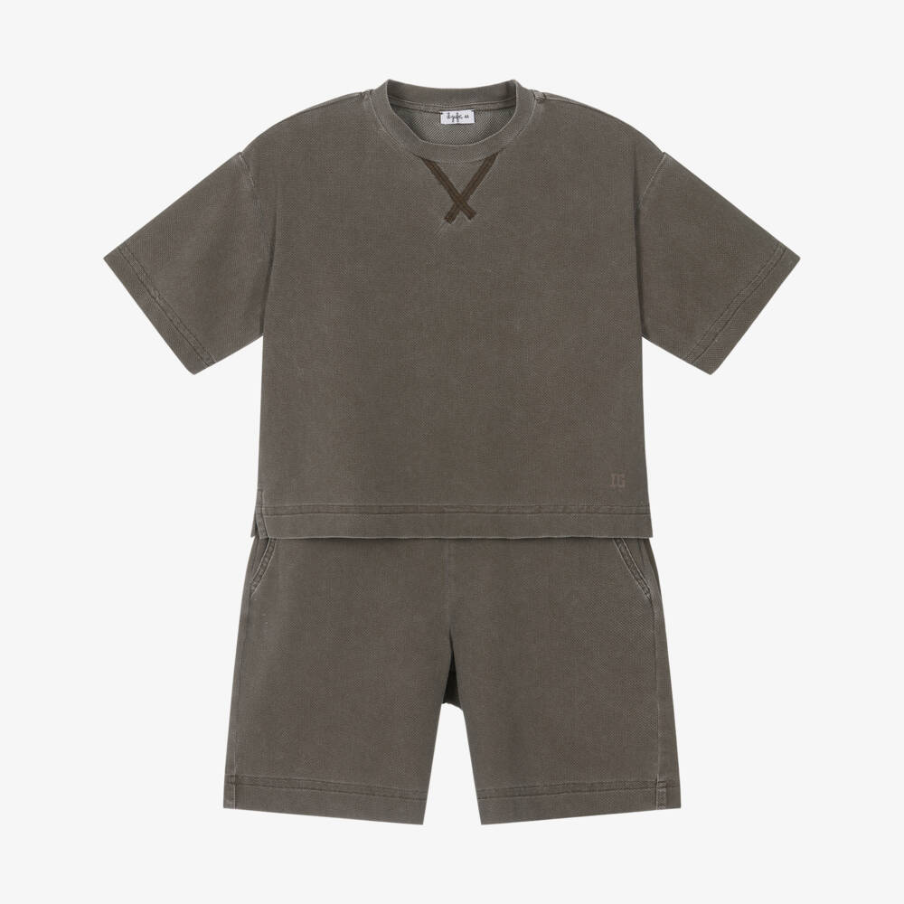 Il Gufo-Boys Brown Piqué Effect Shorts Sets | Childrensalon