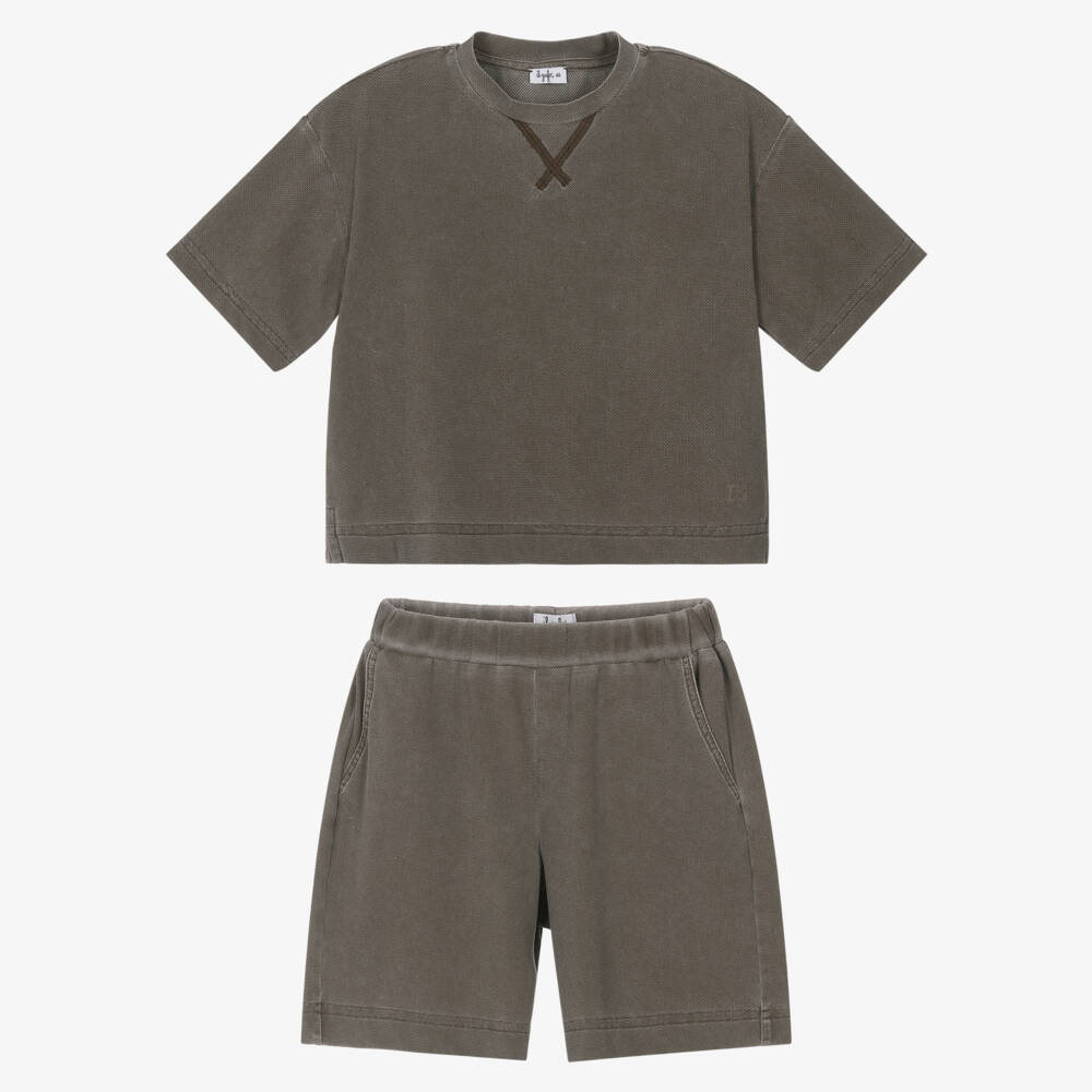 Il Gufo-Boys Brown Piqué Effect Shorts Sets | Childrensalon