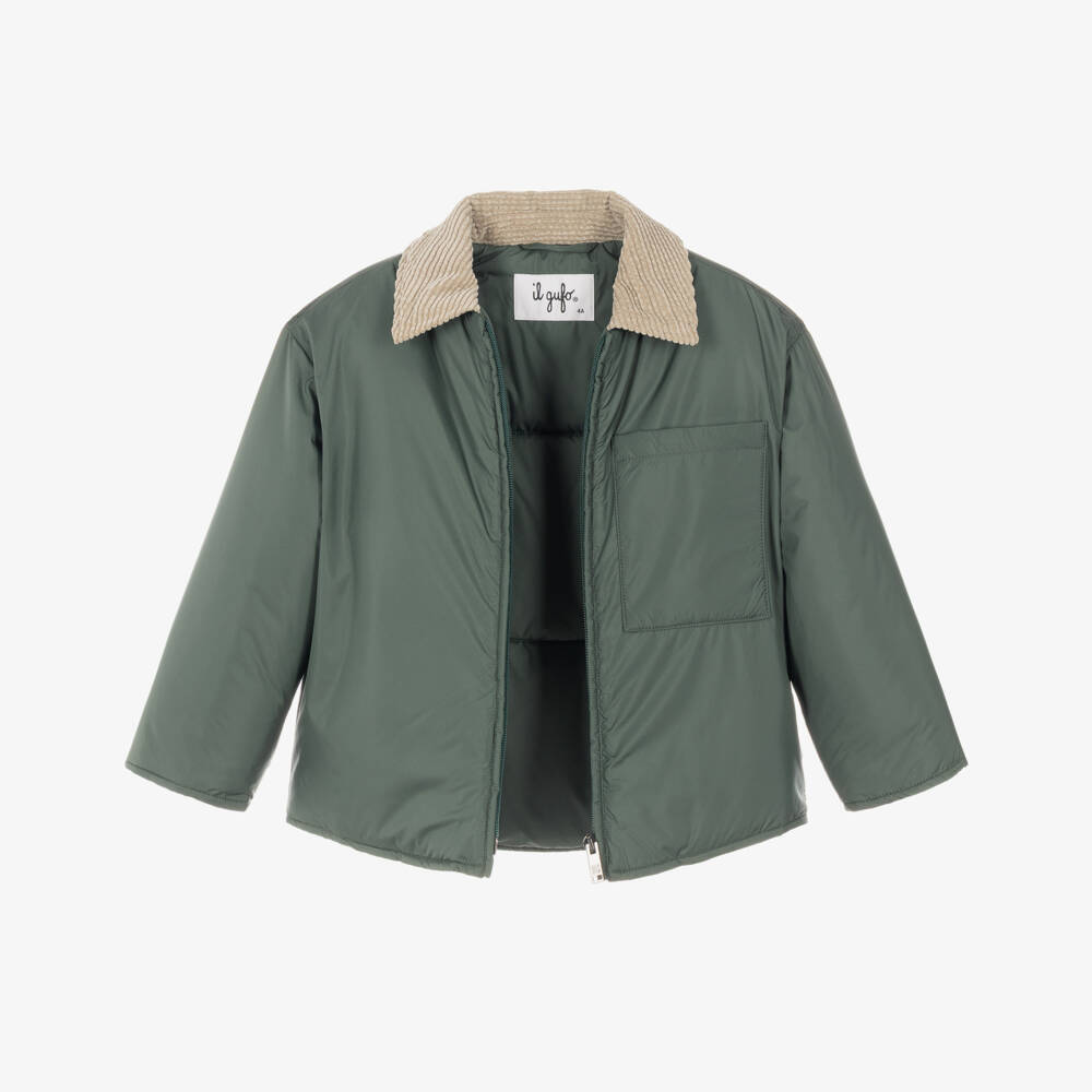 Il Gufo-Boys Green Padded Jacket with Corduroy Collar | Childrensalon