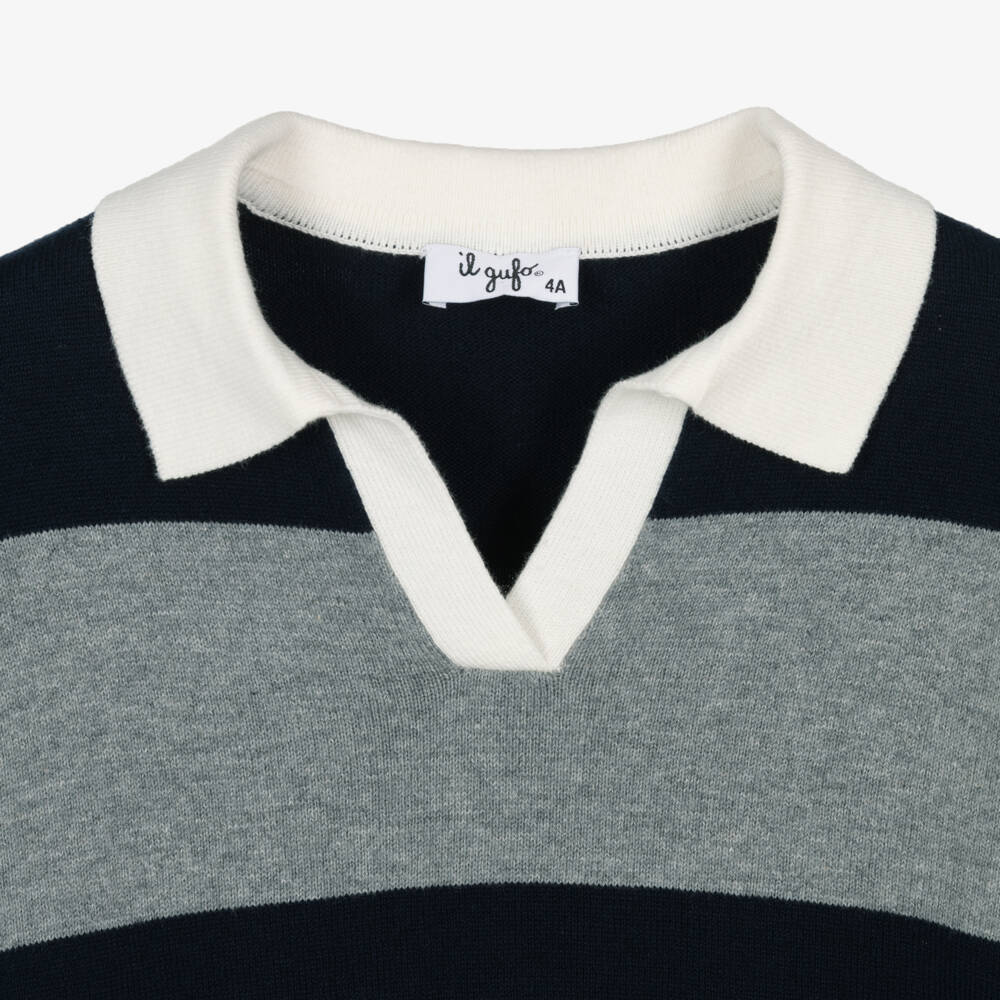 Il Gufo-Boys Grey and Navy Blue Stripe Cotton Knit Sweater | Childrensalon
