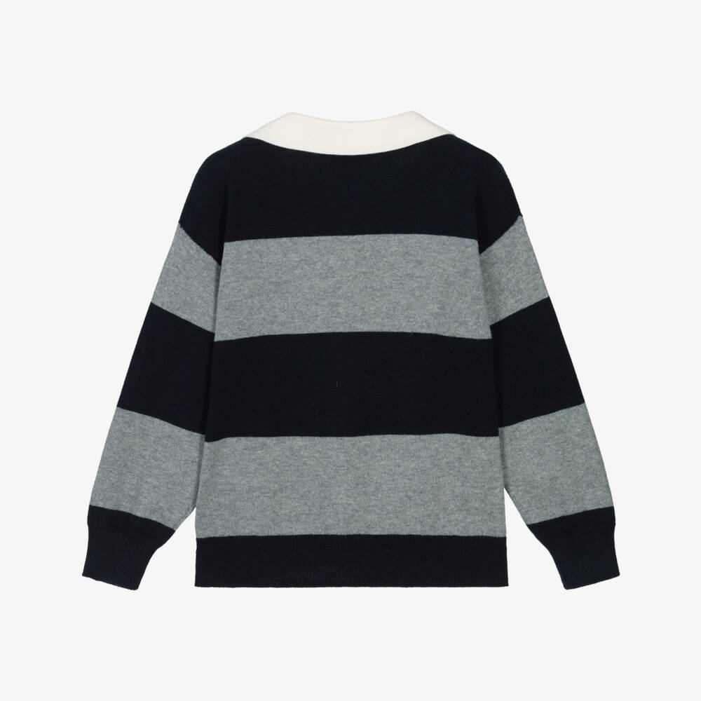 Il Gufo-Boys Grey and Navy Blue Stripe Cotton Knit Sweater | Childrensalon
