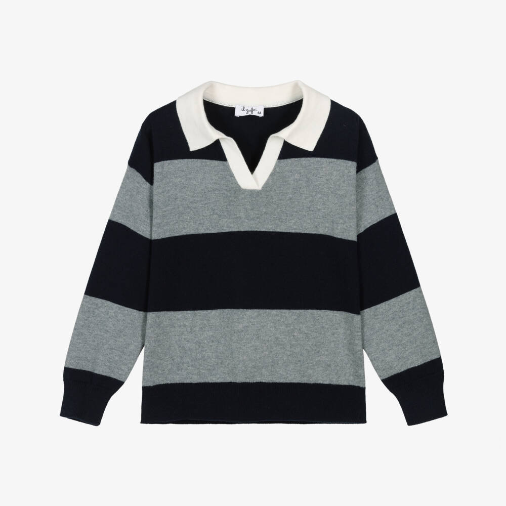 Il Gufo-Boys Grey and Navy Blue Stripe Cotton Knit Sweater | Childrensalon