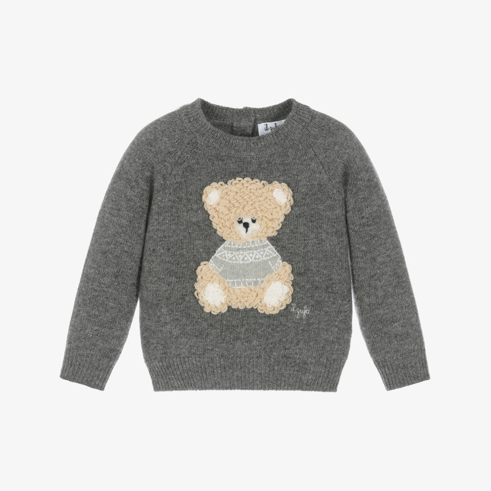 Il Gufo-Boys Grey Wool Teddy Bear Sweater | Childrensalon