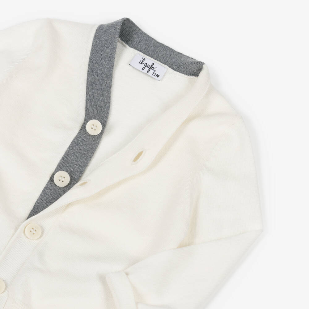 Il Gufo-Boys Ivory Cotton Knit Cardigan with Grey Trim | Childrensalon