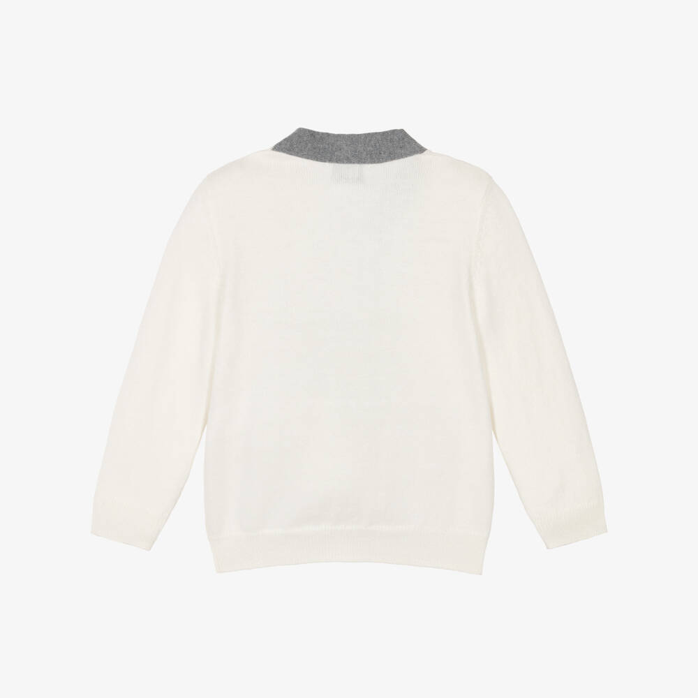Il Gufo-Boys Ivory Cotton Knit Cardigan with Grey Trim | Childrensalon