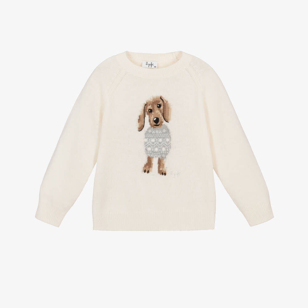Il Gufo-Boys Ivory Wool Knit Sweater with Dog Intarsia | Childrensalon