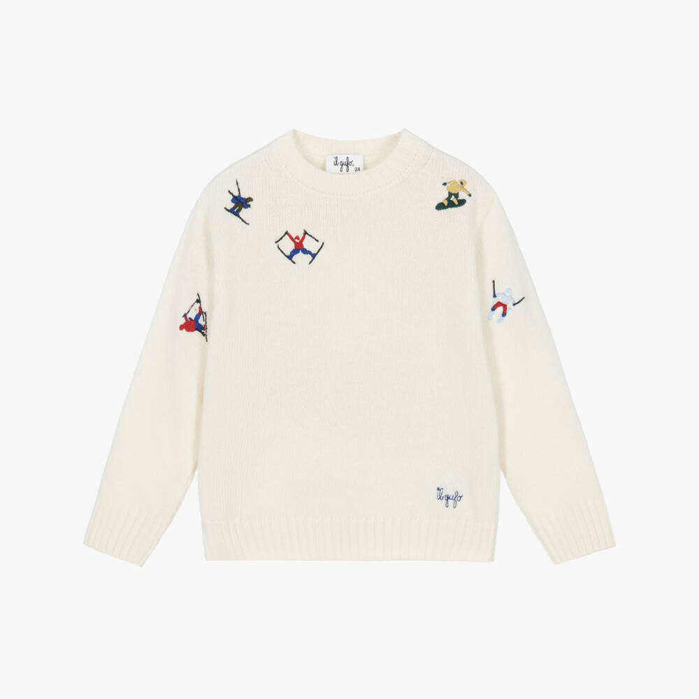 Il Gufo-Boys Ivory Wool Sweater with Ski Embroidery | Childrensalon