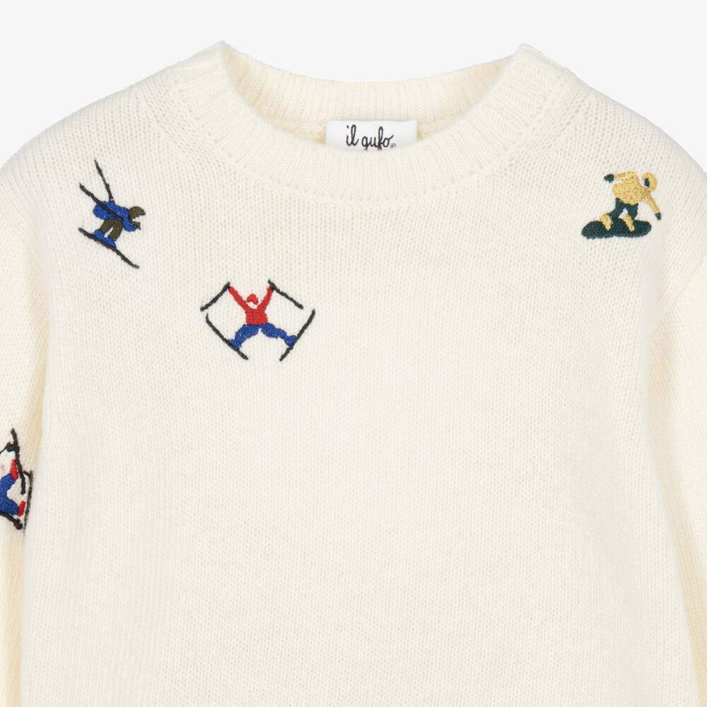Il Gufo-Boys Ivory Wool Sweater with Ski Embroidery | Childrensalon