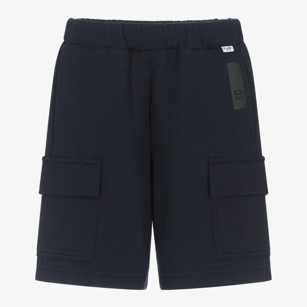 Il Gufo-Boys Navy Blue Cotton Jersey Pocket Shorts | Childrensalon