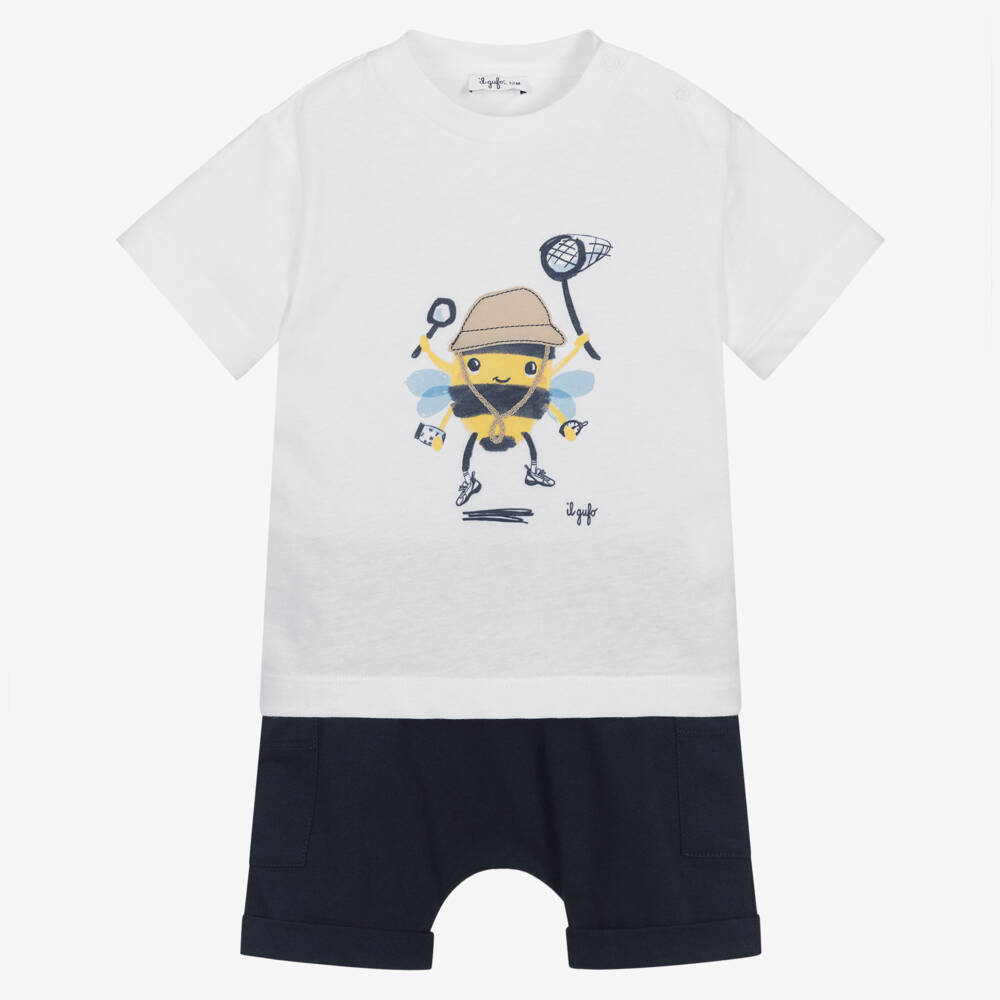 Il Gufo-Boys Navy Blue Cotton Shorts Set with Bumble Bee Graphic | Childrensalon