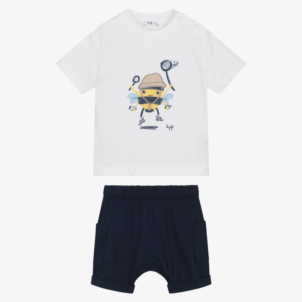 Il Gufo-Boys Navy Blue Cotton Shorts Set with Bumble Bee Graphic | Childrensalon
