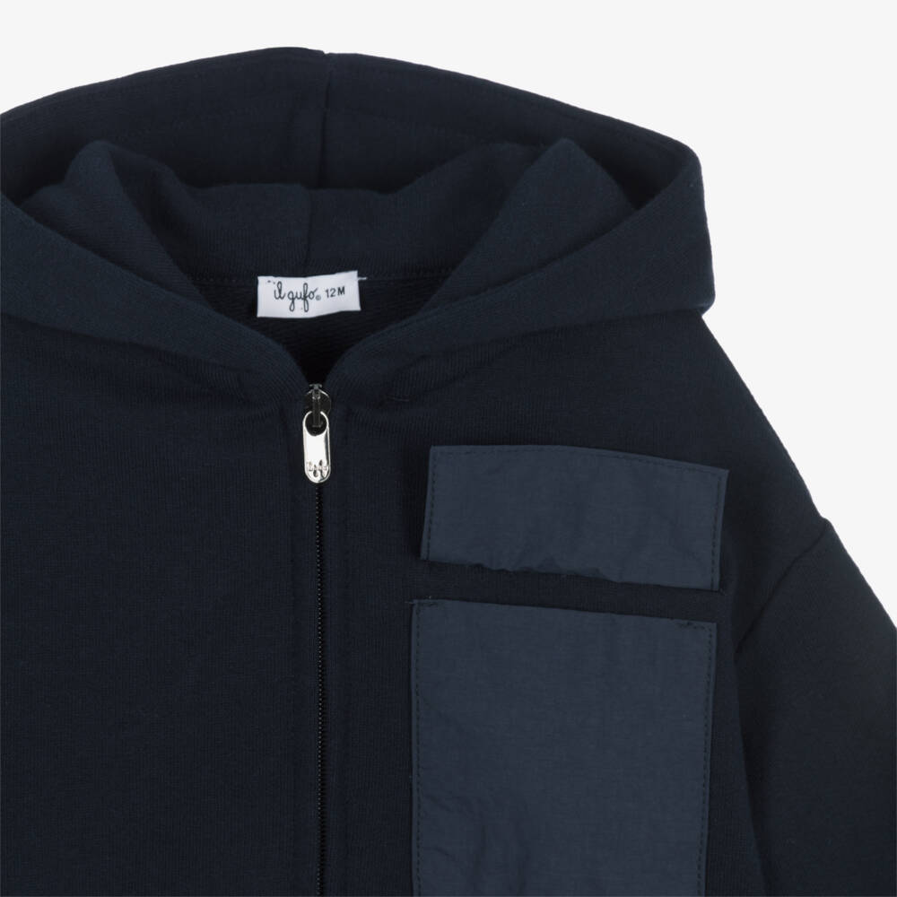 Il Gufo-Boys Navy Blue Cotton Zip-Up Hoodie & Shorts Set | Childrensalon