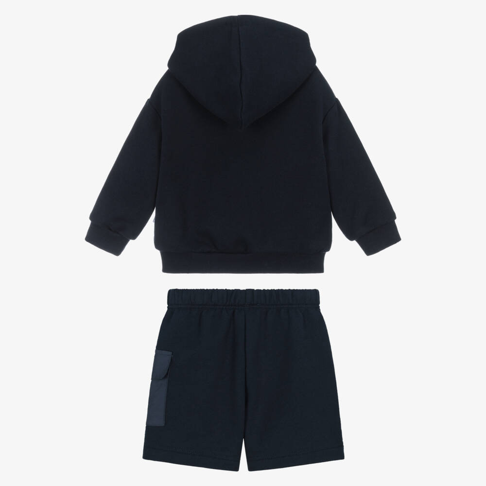 Il Gufo-Boys Navy Blue Cotton Zip-Up Hoodie & Shorts Set | Childrensalon