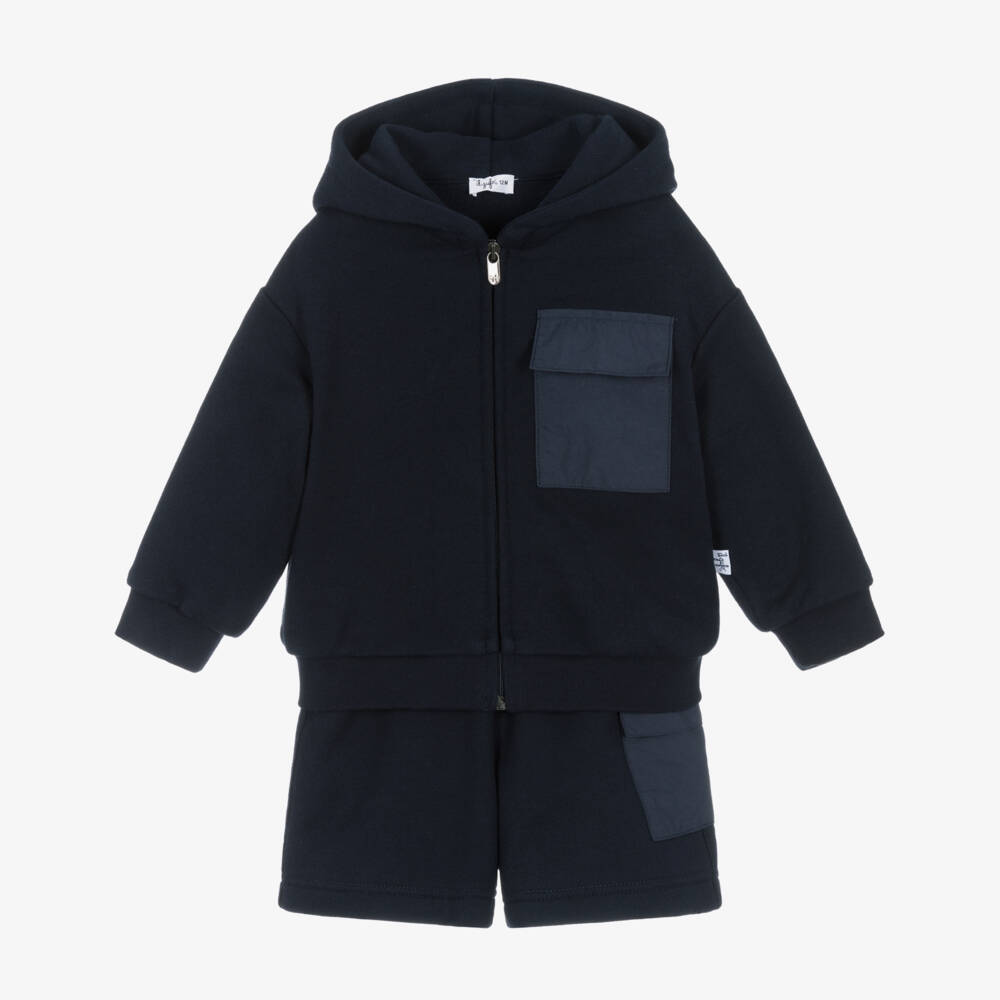 Il Gufo-Boys Navy Blue Cotton Zip-Up Hoodie & Shorts Set | Childrensalon