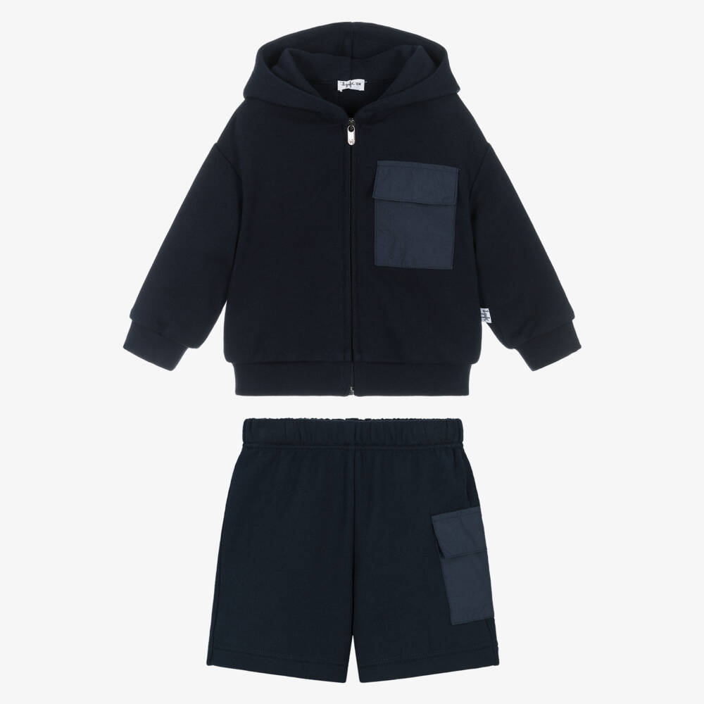 Il Gufo-Boys Navy Blue Cotton Zip-Up Hoodie & Shorts Set | Childrensalon