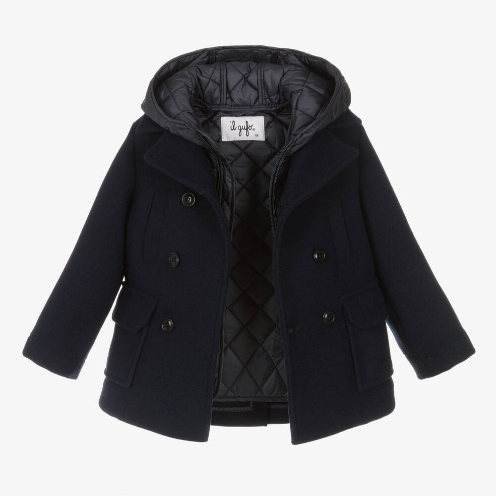 Il Gufo-Boys Navy Blue Felted 2-in-1 Coat | Childrensalon
