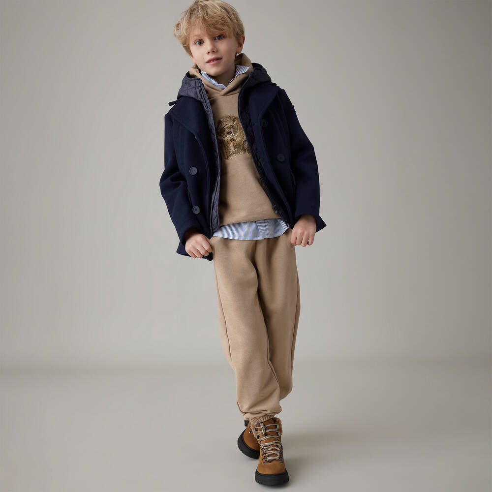 Il Gufo-Boys Navy Blue Felted 2-in-1 Coat | Childrensalon