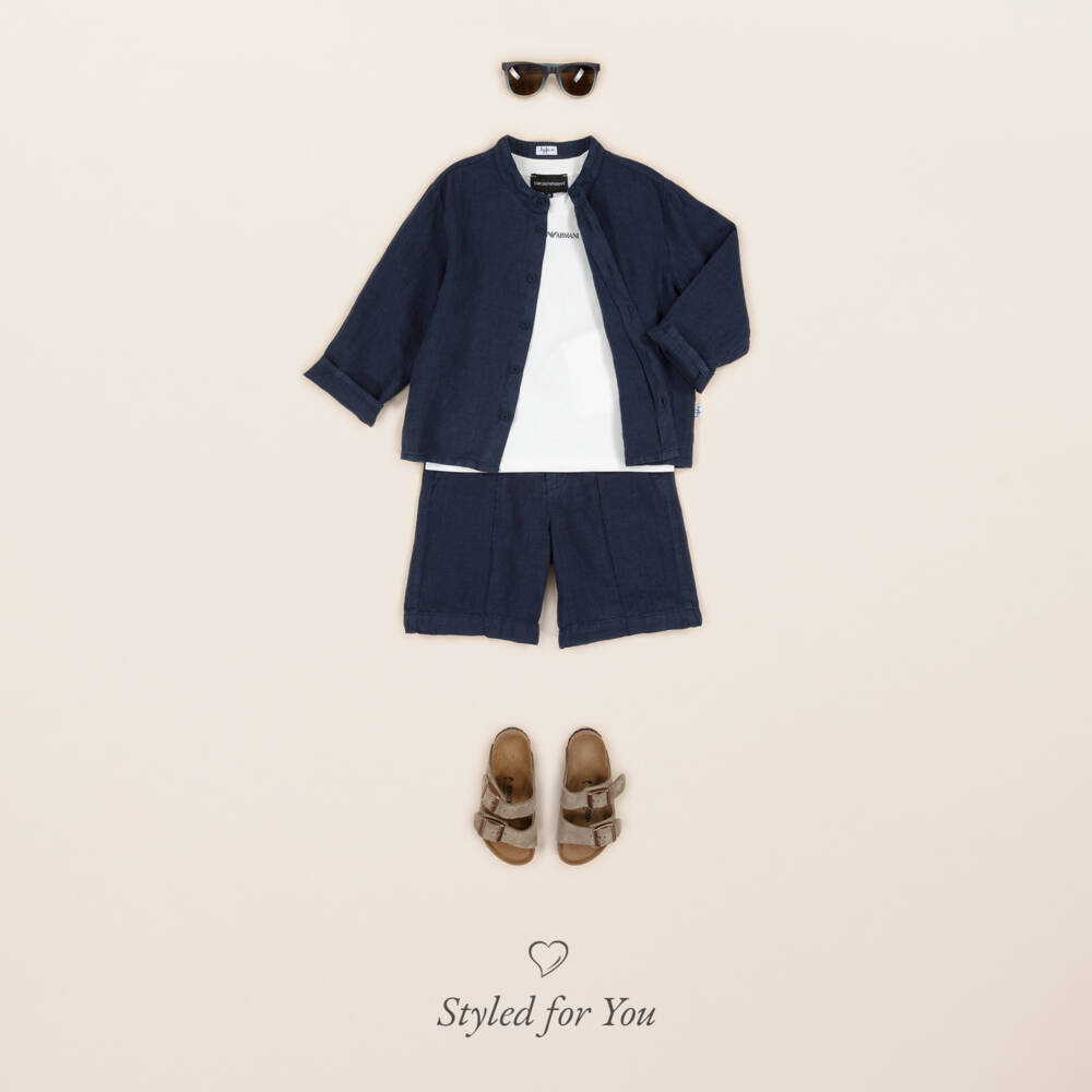 Il Gufo-Boys Navy Blue Linen Shorts Set | Childrensalon