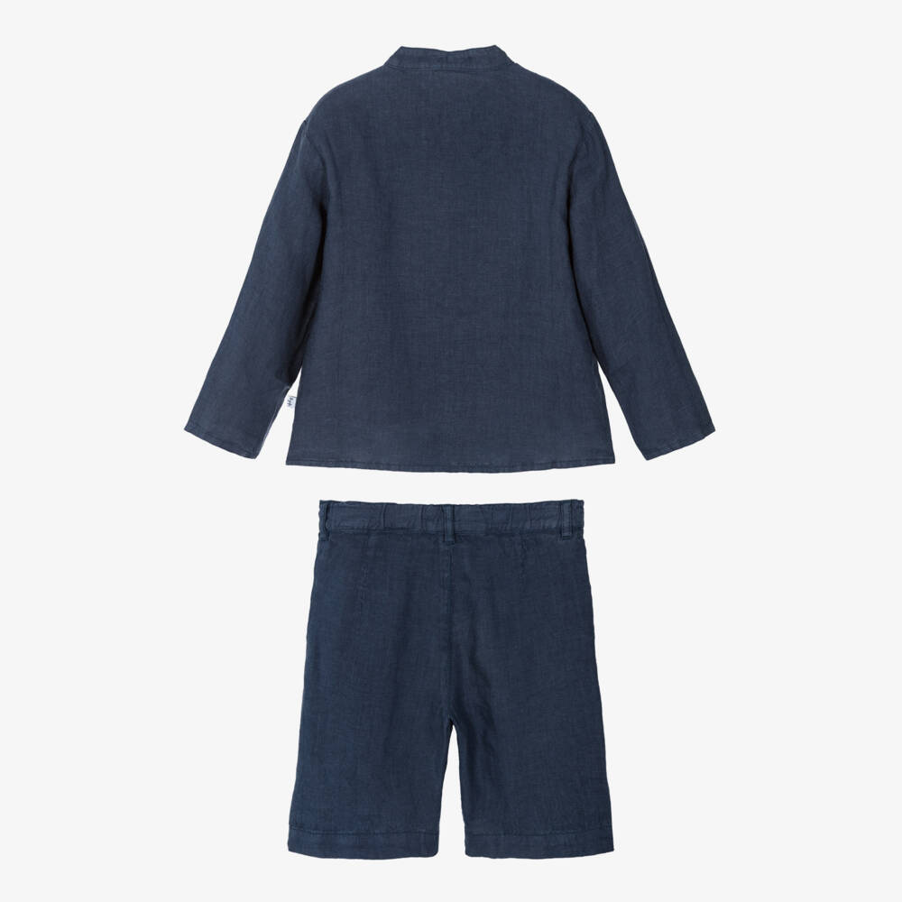 Il Gufo-Boys Navy Blue Linen Shorts Set | Childrensalon