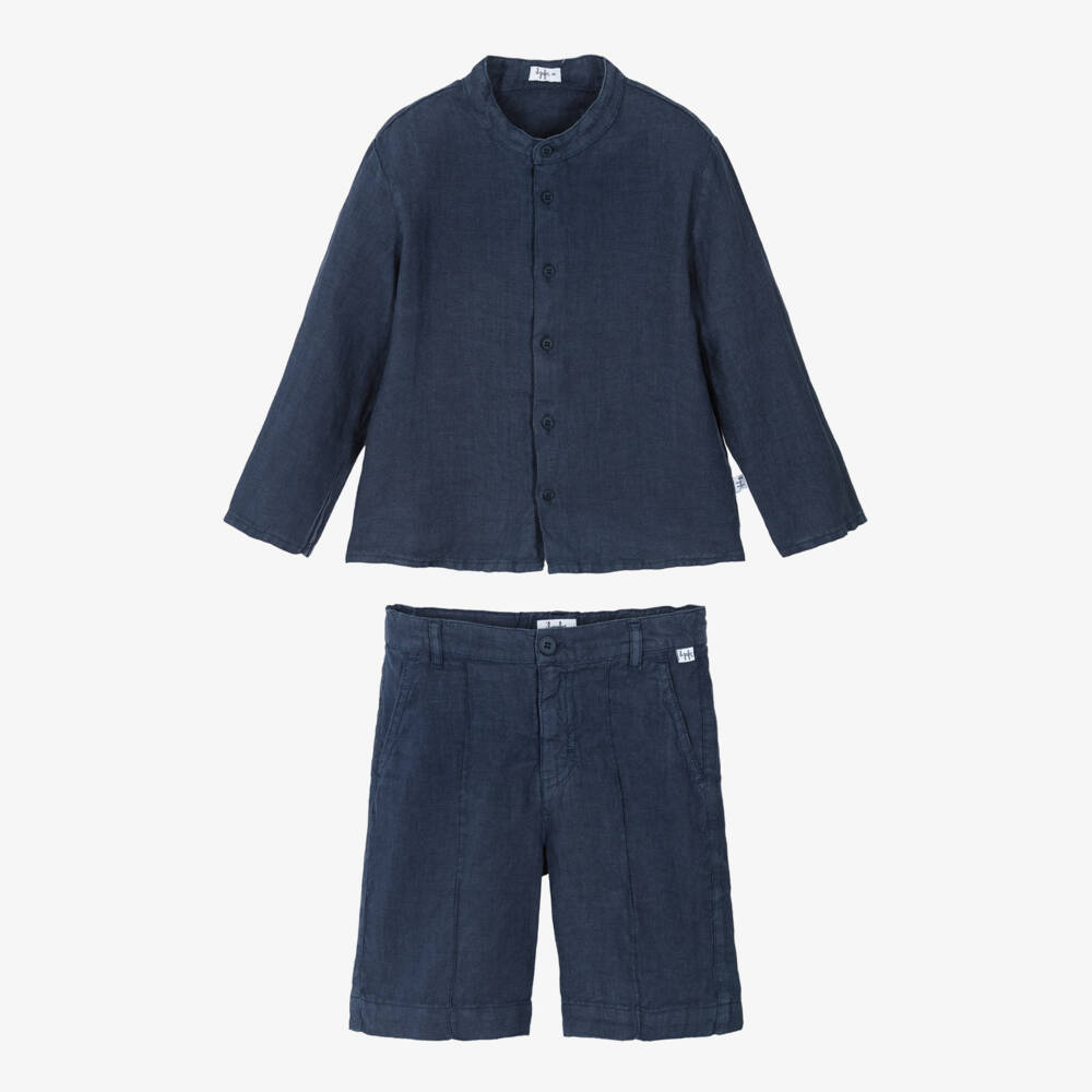 Il Gufo-Boys Navy Blue Linen Shorts Set | Childrensalon