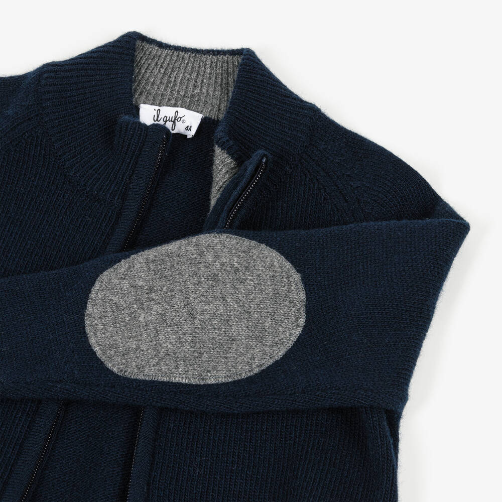 Il Gufo-Boys Navy Blue Wool Zip-Up Cardigan | Childrensalon
