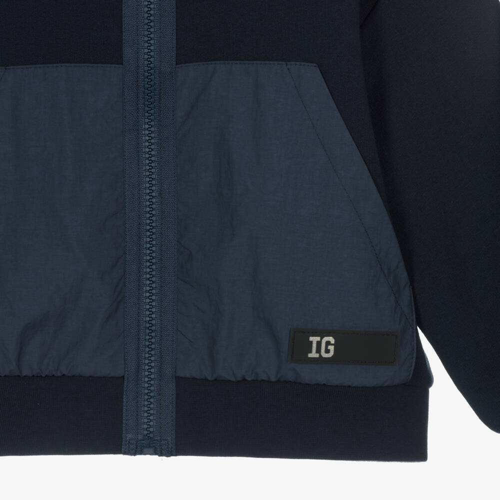 Il Gufo-Boys Navy Blue Zip-Up Hoodie with Contrast Pockets | Childrensalon