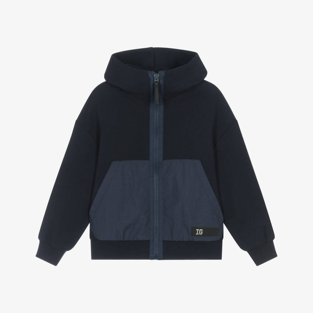 Il Gufo-Boys Navy Blue Zip-Up Hoodie with Contrast Pockets | Childrensalon