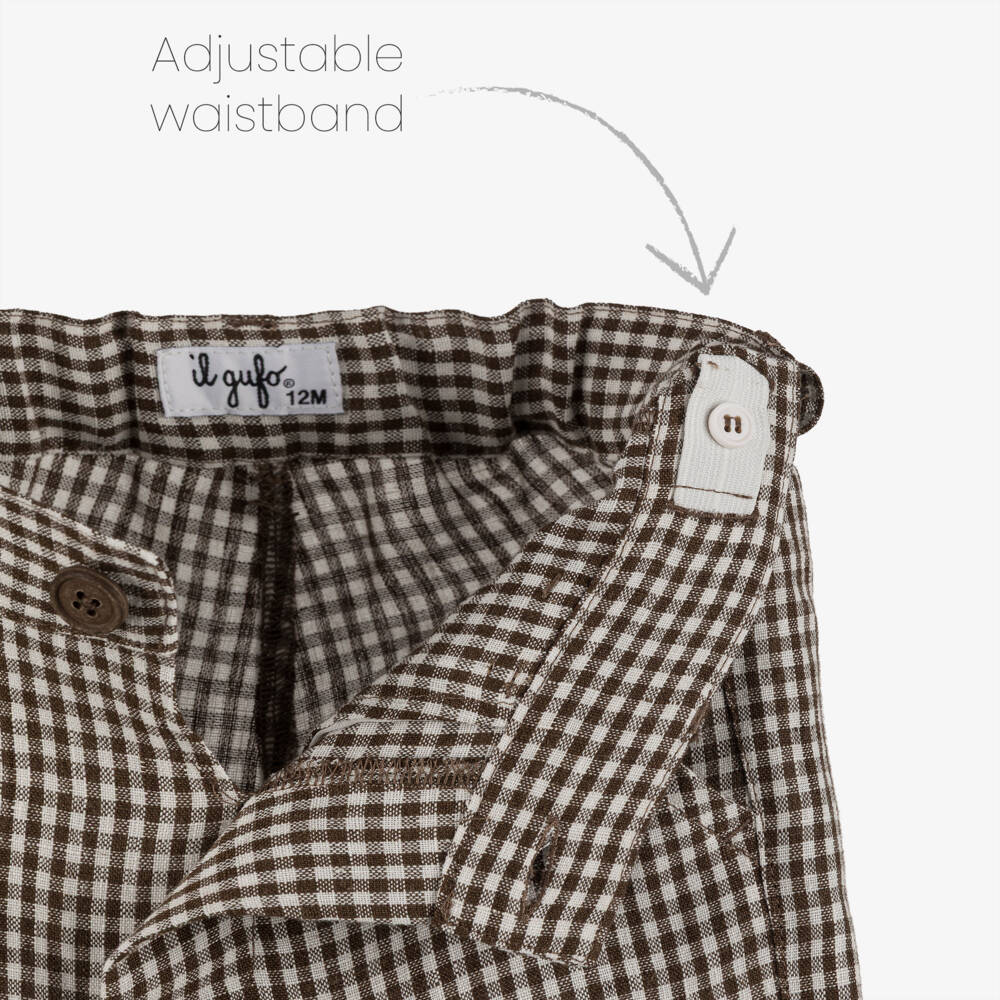 Il Gufo-Boys White & Brown Gingham Check Linen Shorts Sets | Childrensalon