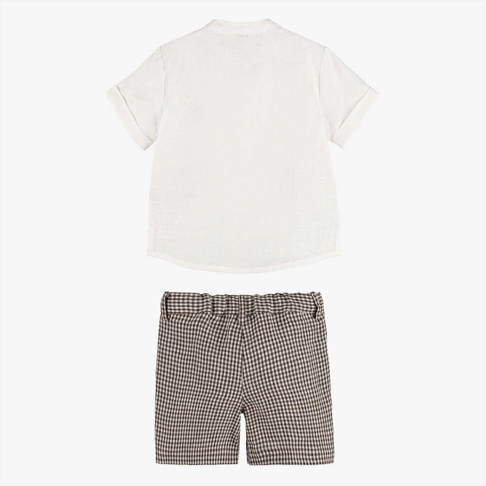 Il Gufo-Boys White & Brown Gingham Check Linen Shorts Sets | Childrensalon