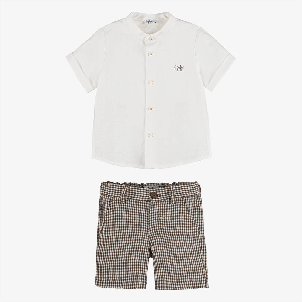Il Gufo-Boys White & Brown Gingham Check Linen Shorts Sets | Childrensalon