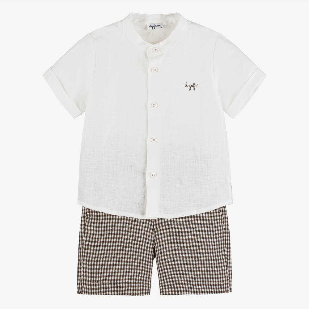Il Gufo-Boys White & Brown Gingham Check Linen Shorts Sets | Childrensalon