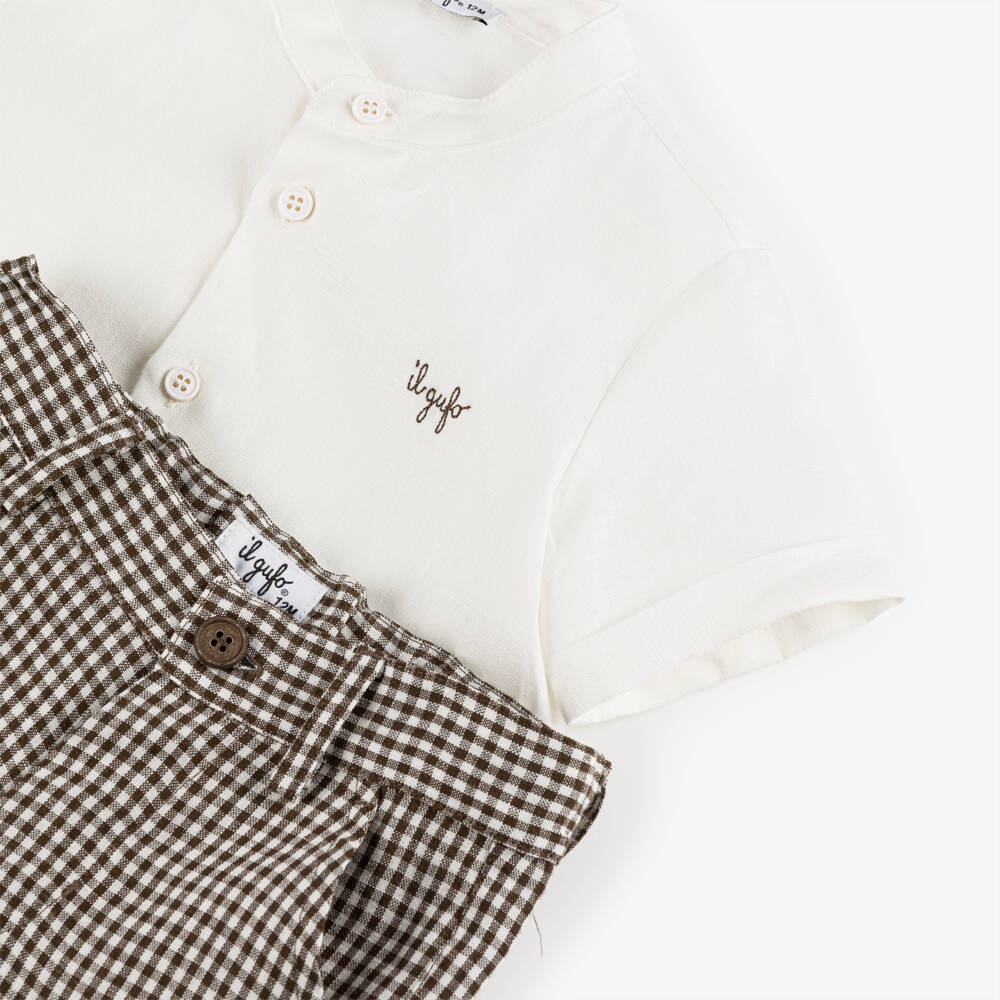 Il Gufo-Boys White & Brown Gingham Check Linen Shorts Sets | Childrensalon