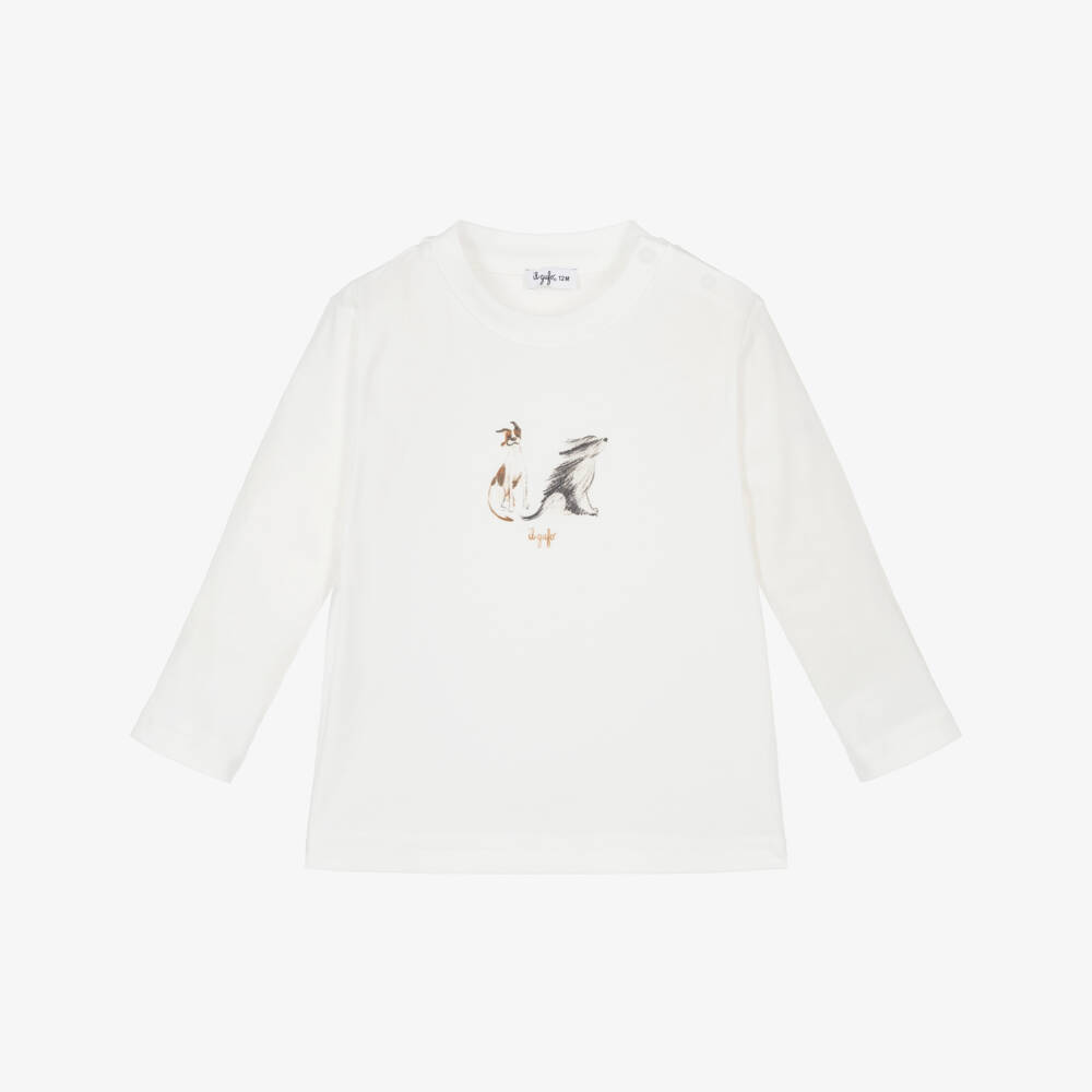 Il Gufo-Boys White Cotton Dog Graphic Long-Sleeved Top  | Childrensalon