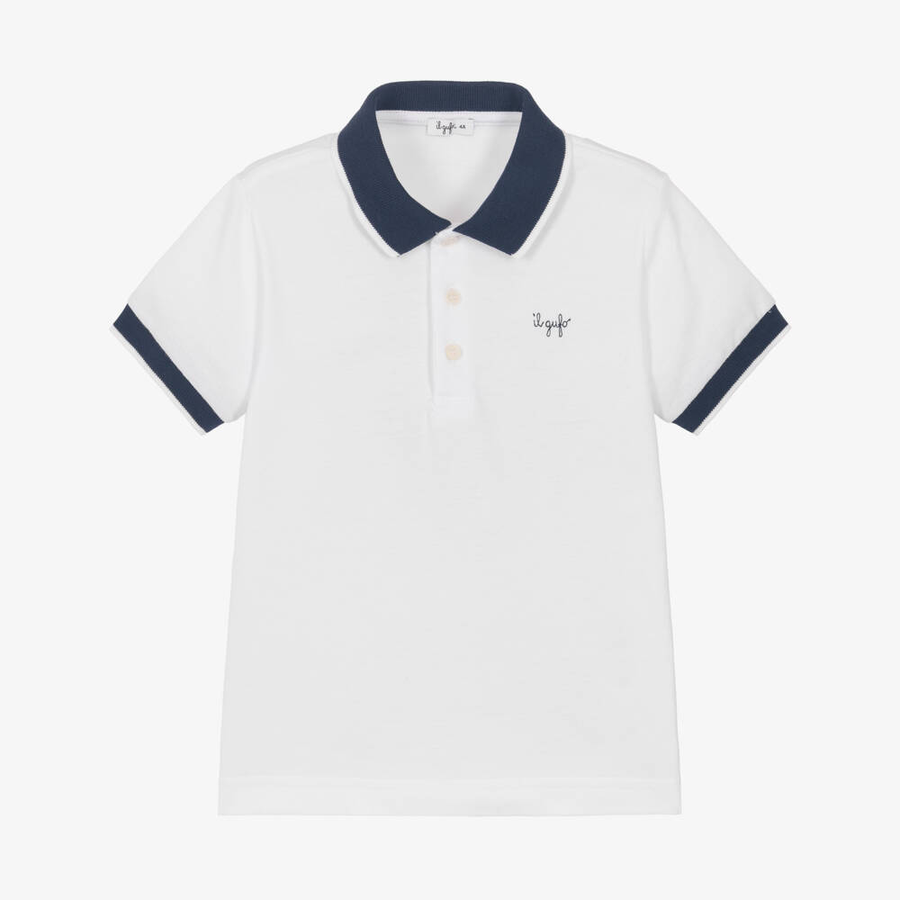 Il Gufo-Boys White Cotton Piqué Polo Shirt with Navy Blue Collar | Childrensalon
