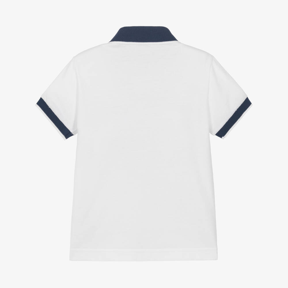Il Gufo-Boys White Cotton Piqué Polo Shirt with Navy Blue Collar | Childrensalon