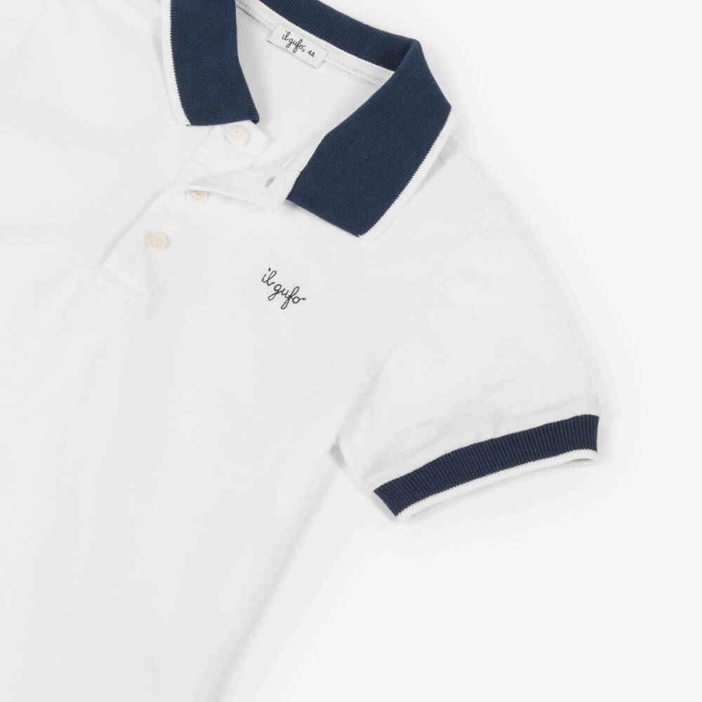 Il Gufo-Boys White Cotton Piqué Polo Shirt with Navy Blue Collar | Childrensalon