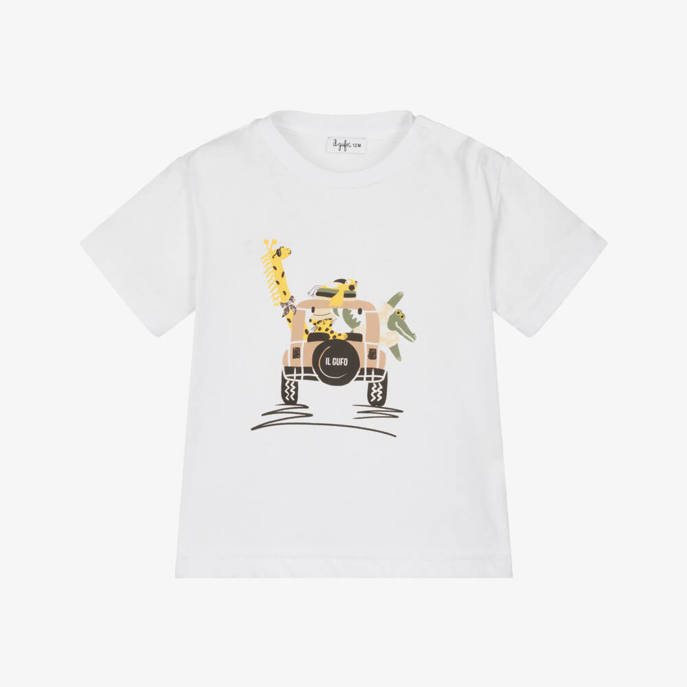 Il Gufo-Boys White Cotton Safari Graphic T-Shirt | Childrensalon