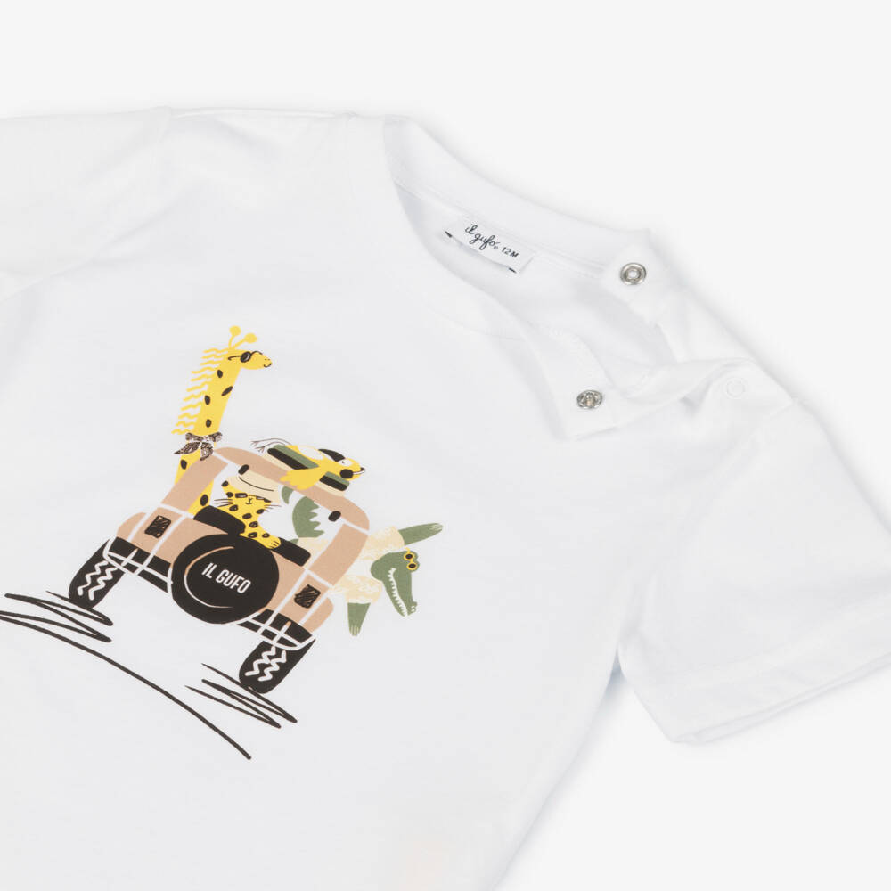 Il Gufo-Boys White Cotton Safari Graphic T-Shirt | Childrensalon