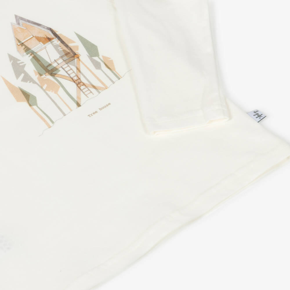 Il Gufo-Boys White Cotton Tree House Print Top  | Childrensalon