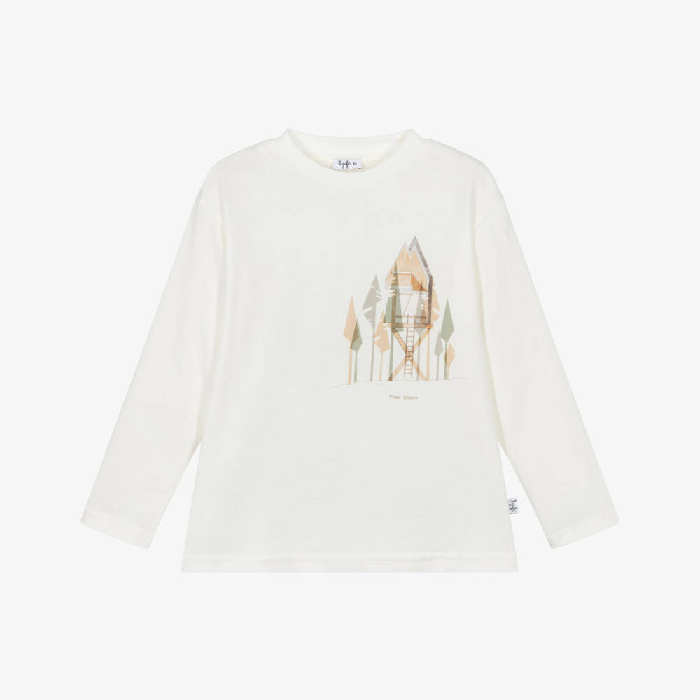 Il Gufo-Boys White Cotton Tree House Print Top  | Childrensalon